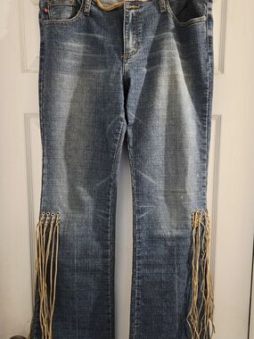 Vigoss Blue Flare Jeans with Tan Fringe Detail